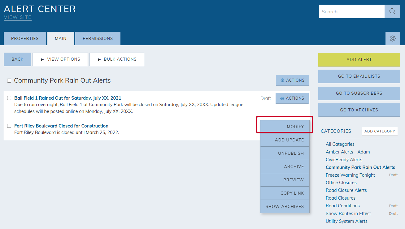 alert item actions drop-down menu, modify