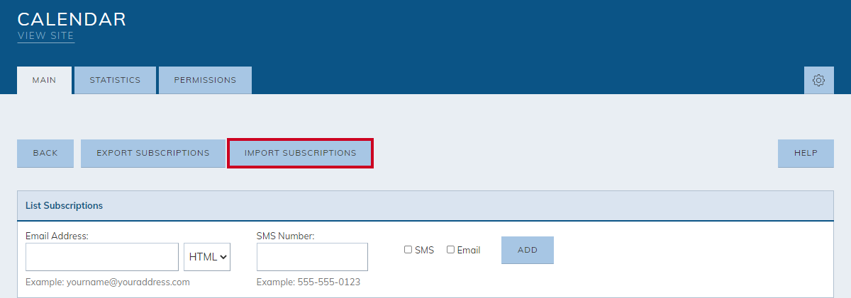 Calendar category, import subscriptions button.