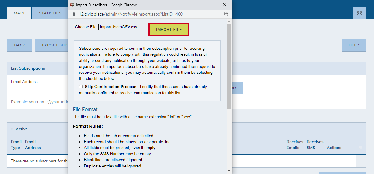 Import subscribers pop-up, import file button.