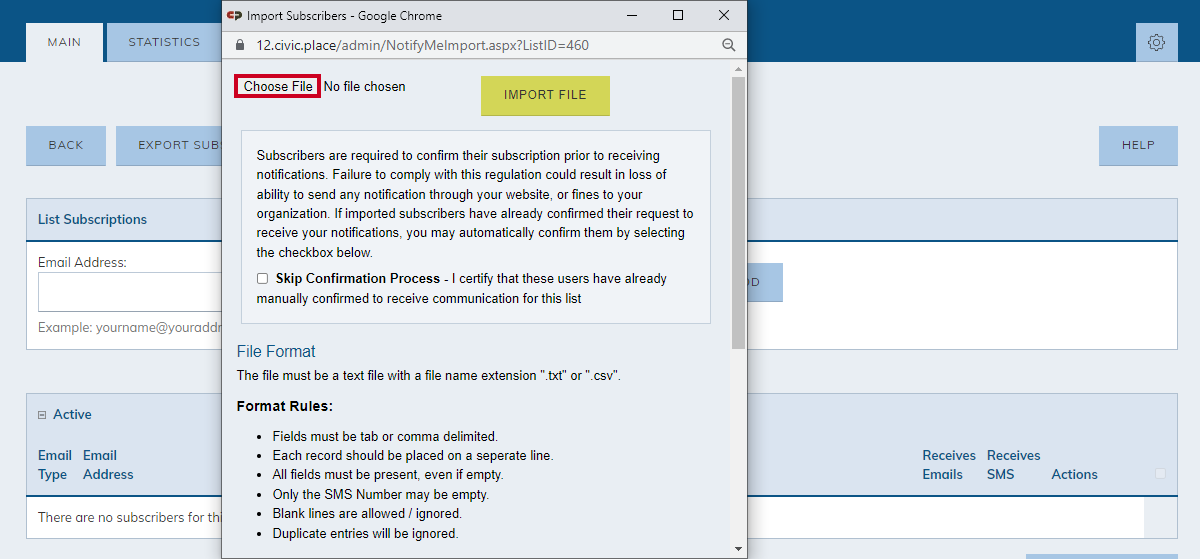 Import subscribers pop-up, choose file button.