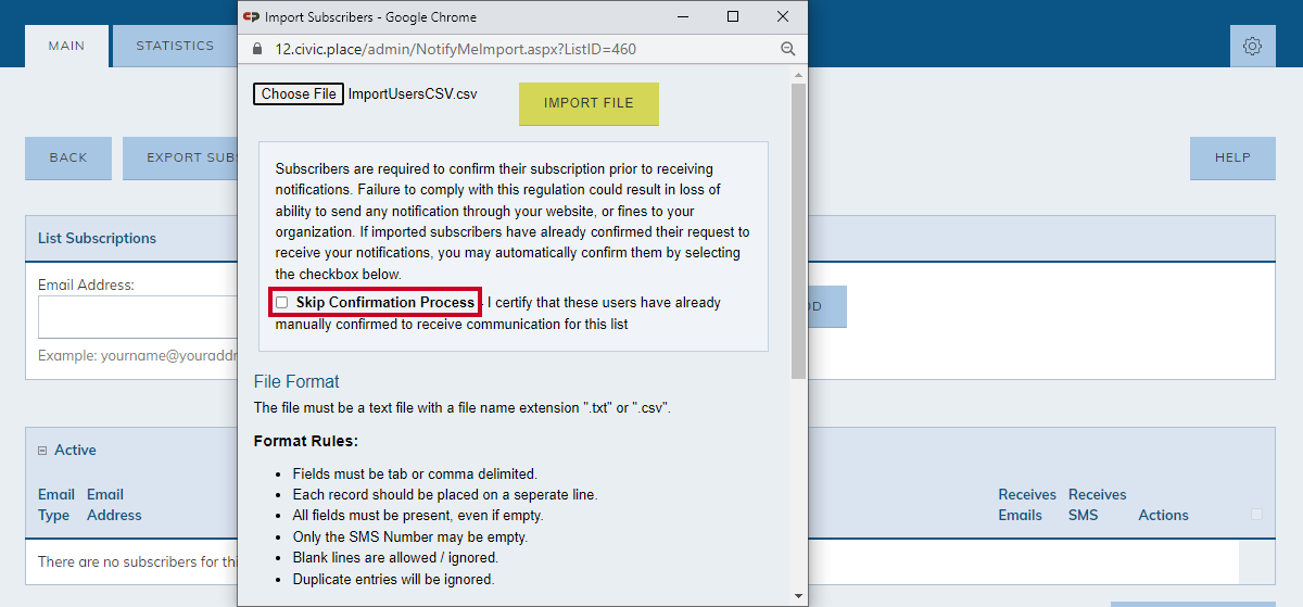 Import subscribers pop-up, skip confirmation process checkbox.