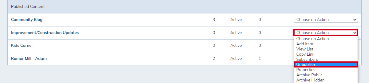 blog category, choose an action drop-down menu, unpublish
