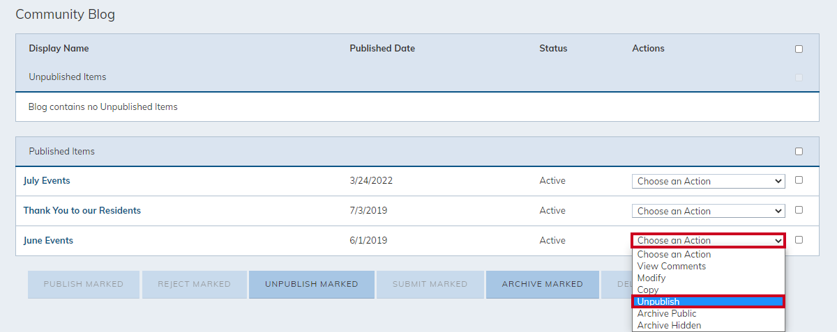 blog item, choose an action drop-down menu, unpublish