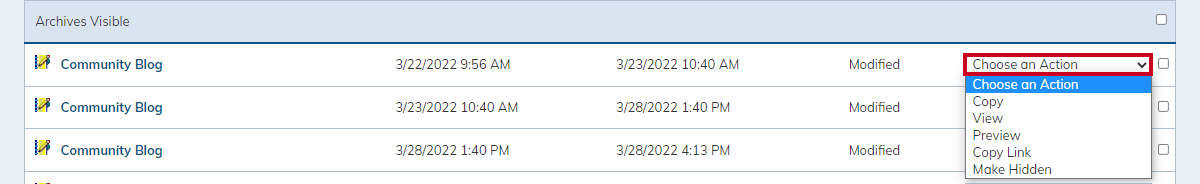 blog archive, choose an action drop-down menu