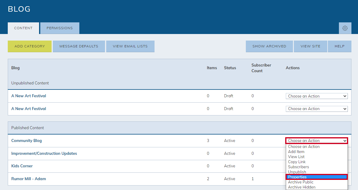 blog category, choose an action drop-down menu, properties