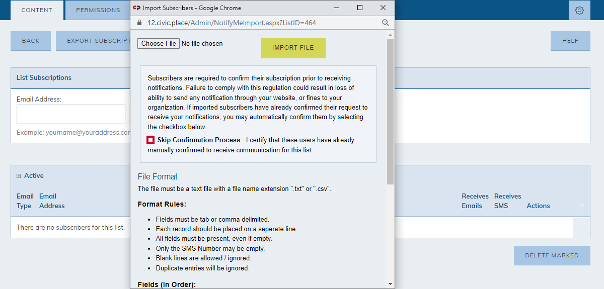 import subscribers pop-up, skip confirmation process checkbox