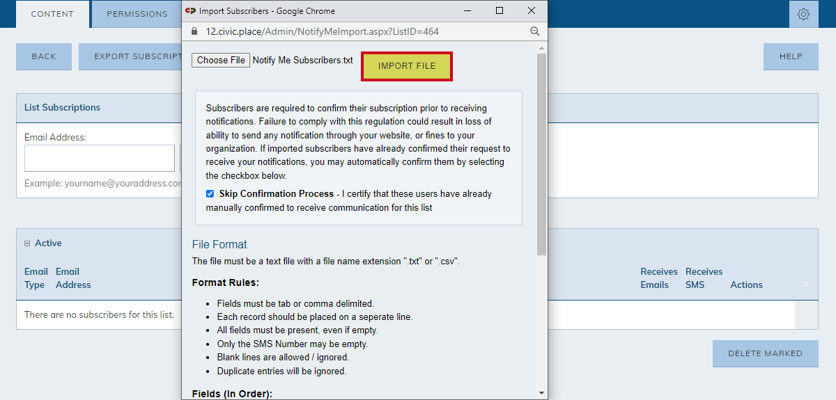 import subscribers pop-up, import file button