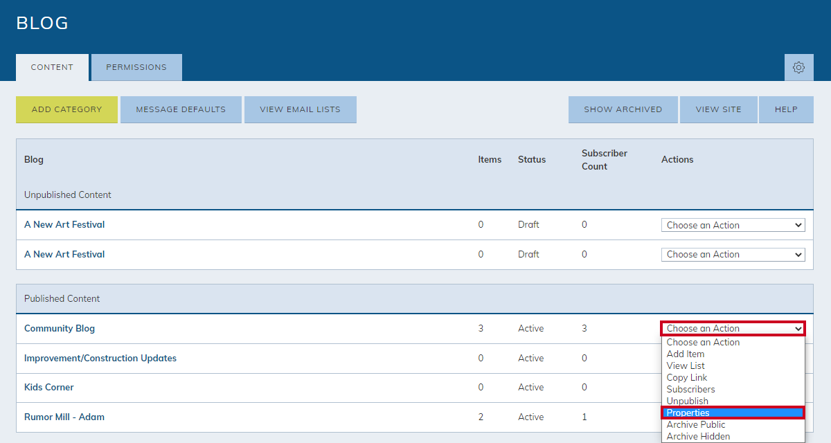 blog category, choose an action drop-down menu, properties