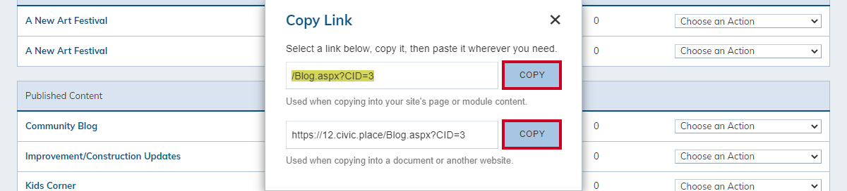 blog category, copy link options