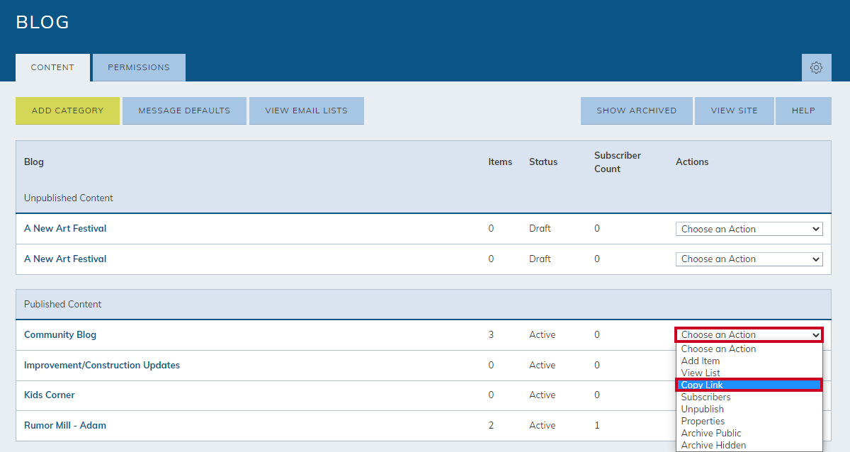 blog category, choose an action drop-down menu, copy link
