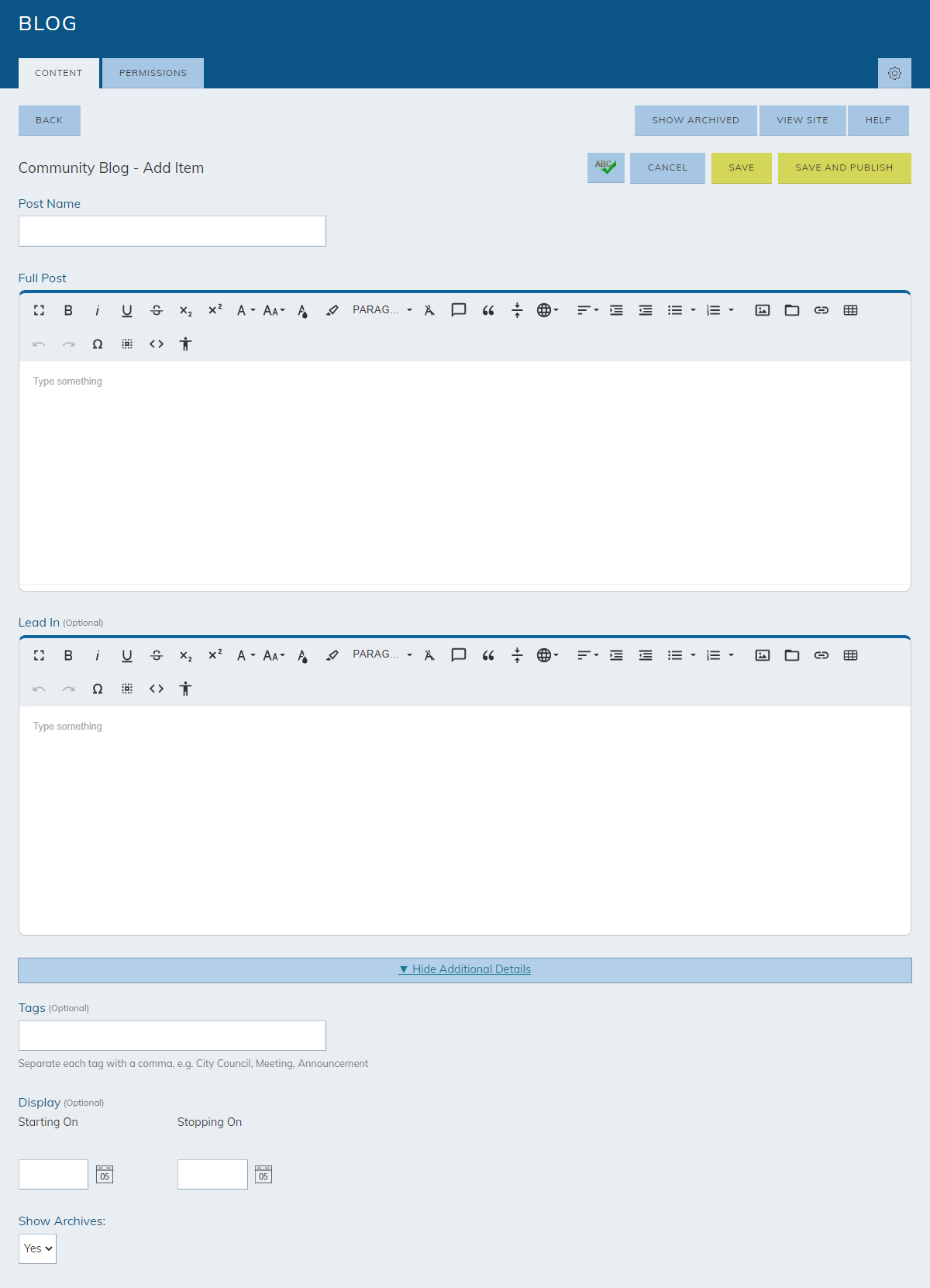blog posting, information fields