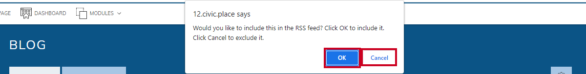 include in RSS Feed pop-up, okay or cancel buttons