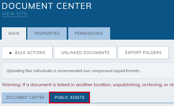 The Public Assets tab of the Document Center module.
