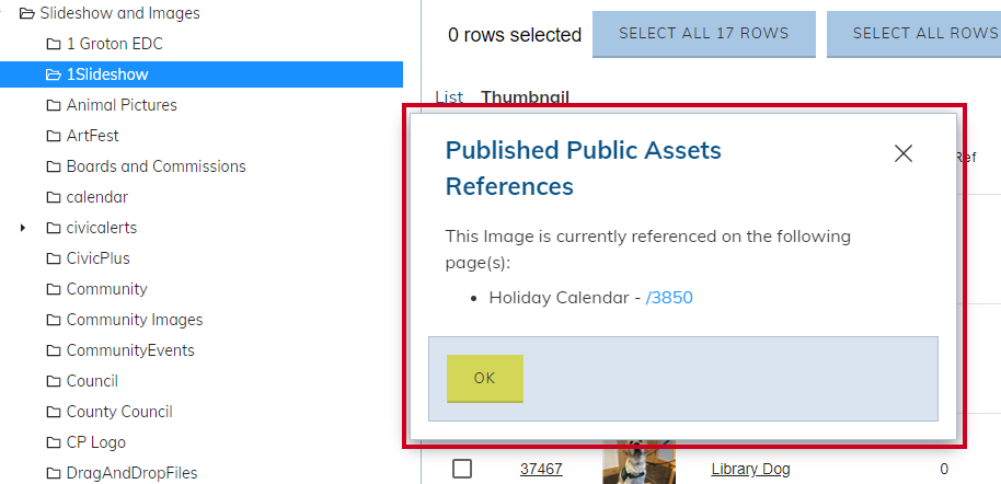The dialog box labeled Published Public Assets References with listed locations where the image is referenced.