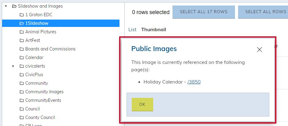 The dialog box labeled Published Public Images References with listed locations where the image is referenced.