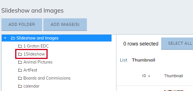 Public Images list of folders containing files with 1Slideshow highlighted.