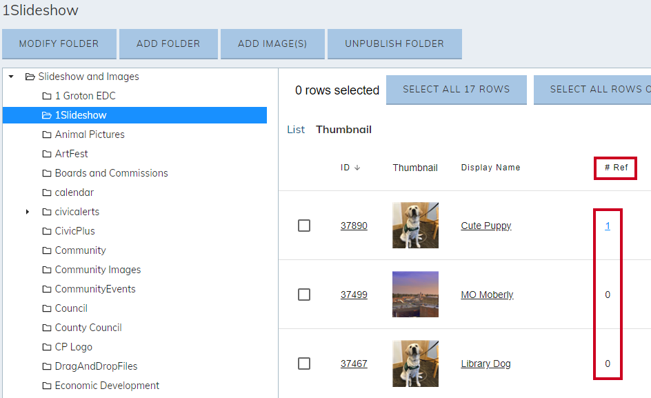 The number listed in the column titled # Ref indicates how many times the image was referenced and provides a link to the Published Public Images References dialog box.