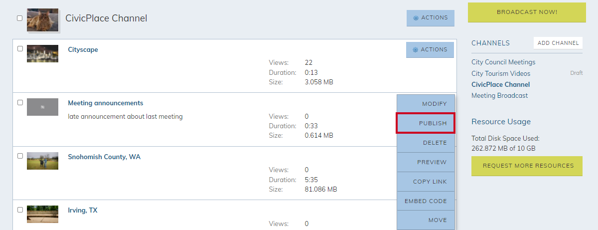 unpublished video, actions menu, publish