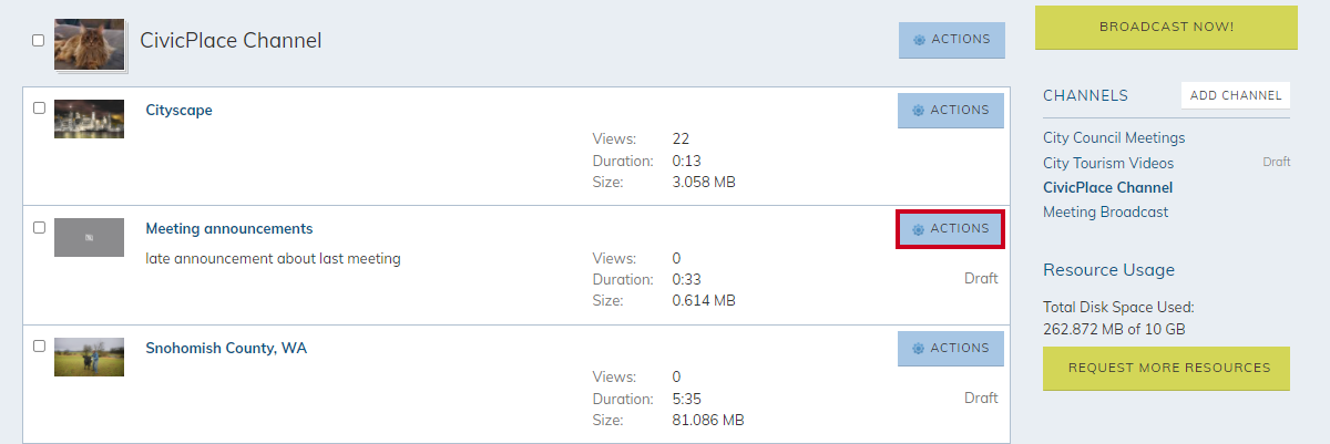 unpublished video, actions button