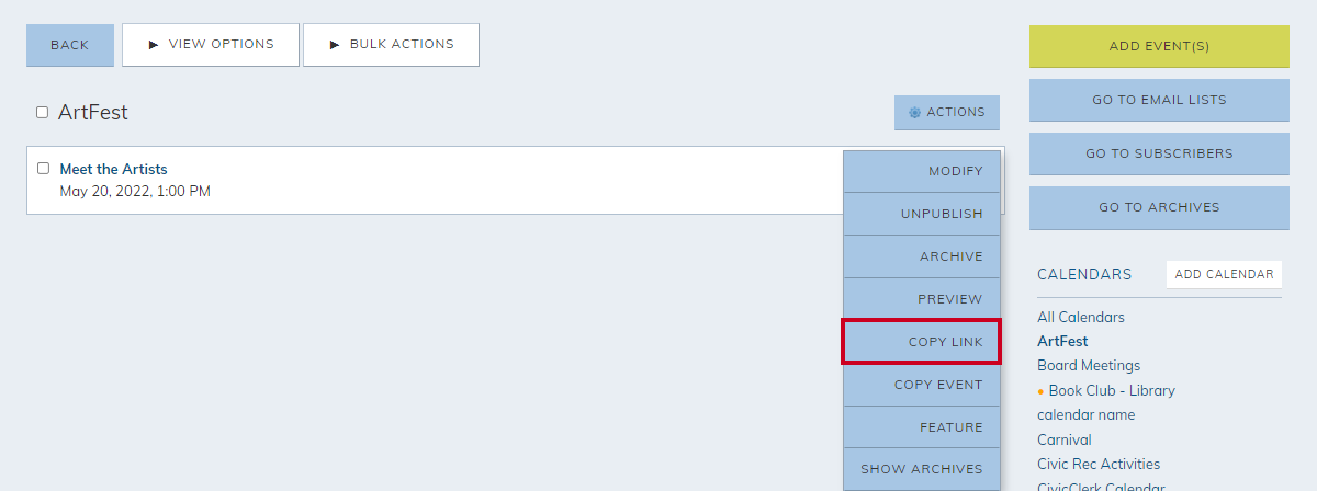 event actions, menu copy link