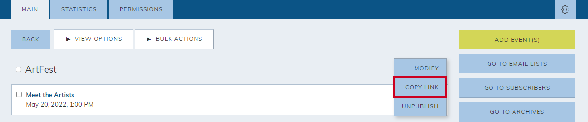 calendar category, actions menu, copy link