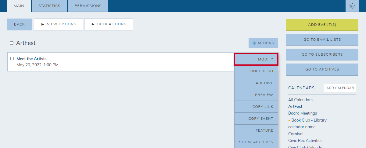 event actions menu, modify