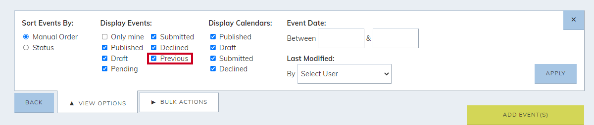 Display events, previous checkbox.