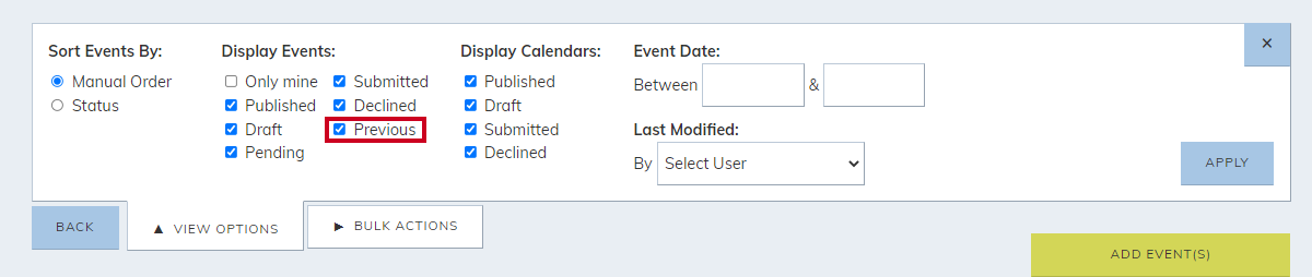 diplay events, previous checkbox