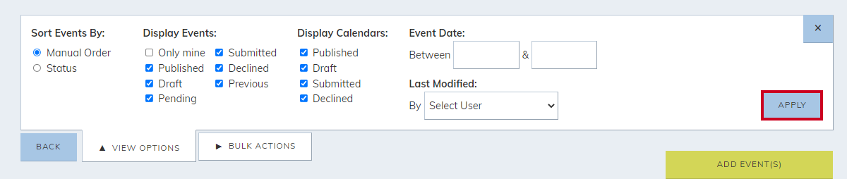 Filter options, apply button.