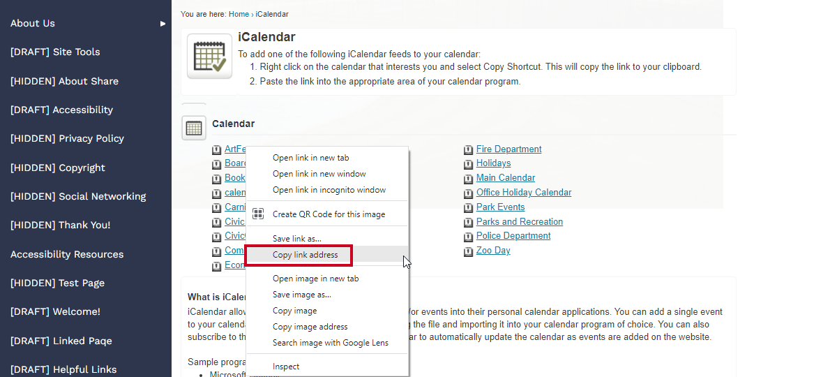 Right-click on calendar feed, copy link address.