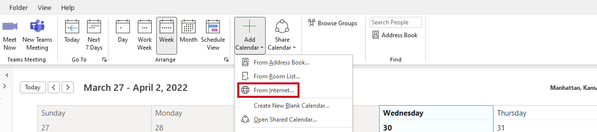 Outlook, add calendar menu, from internet.