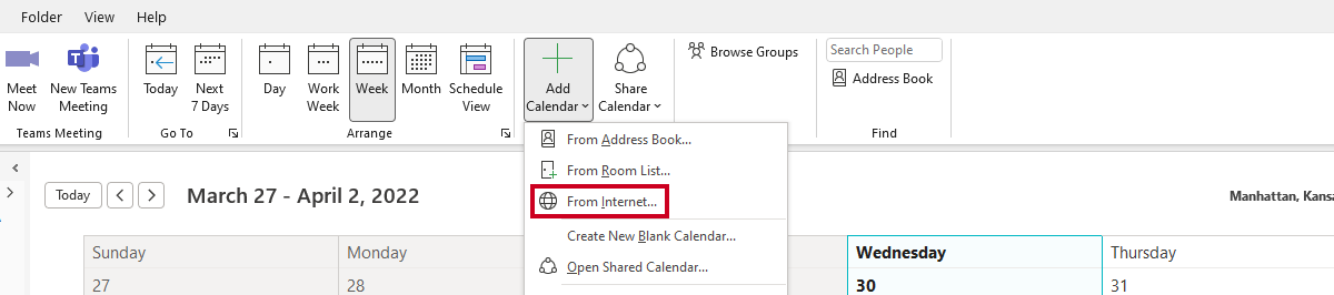 Outlook, add calendar menu, from internet