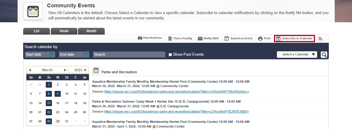Subscribe to iCalendar button.
