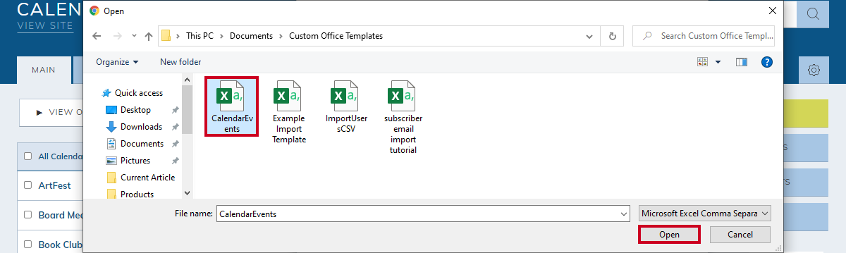 select and open calendar file