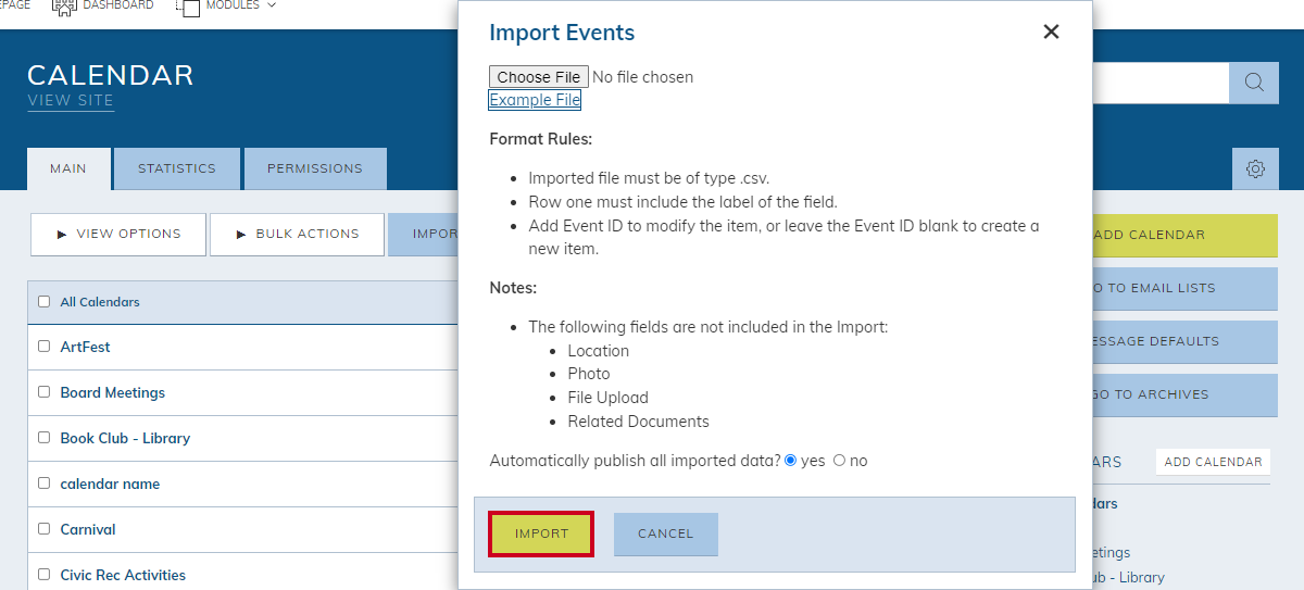 import events pop-up window, import button