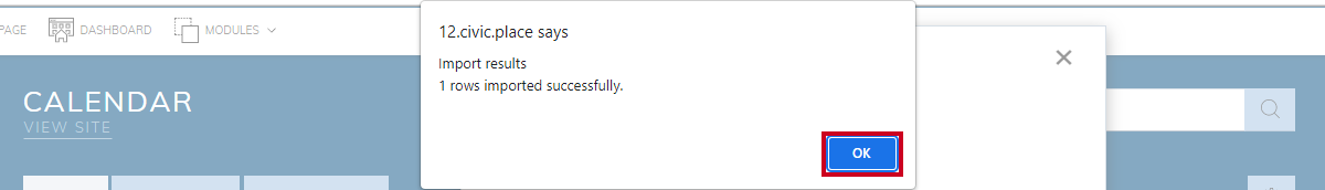 successful pop-up notification, okay button