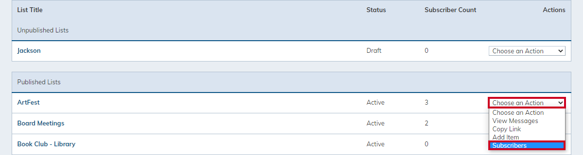 Choose an action drop-down menu with subscribers selected.