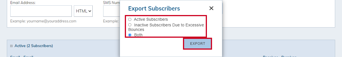export subscribers options, export button