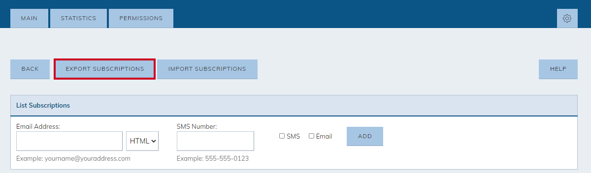 Export subscriptions button.