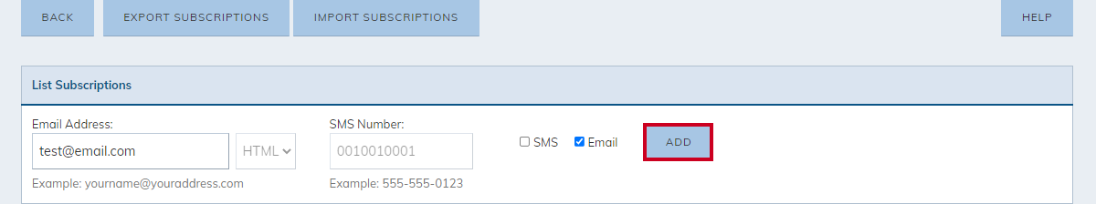 list subscriptions, add button