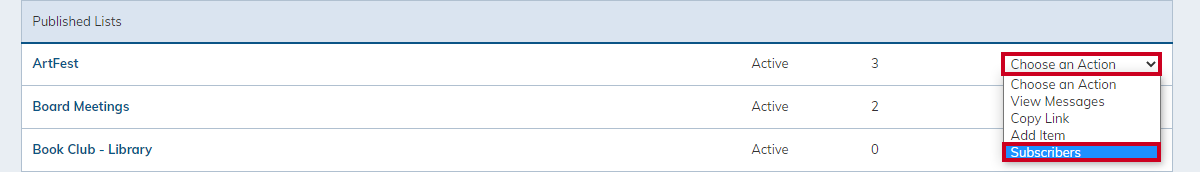 calendar category, choose an action drop-down menu, subscribers