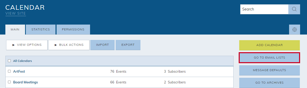 calendar module, go to email lists button