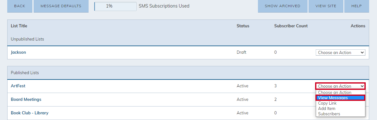 calendar email list, choose an action drop-down menu, view messages