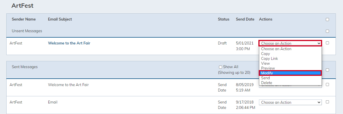 unsent message, choose an action drop-down menu, modify