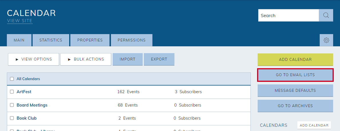 calendar module, go to email lists button