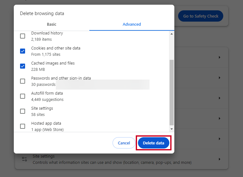A blue, rectangular Delete data button in the bottom right corner of the Delete browsing data dialog box.