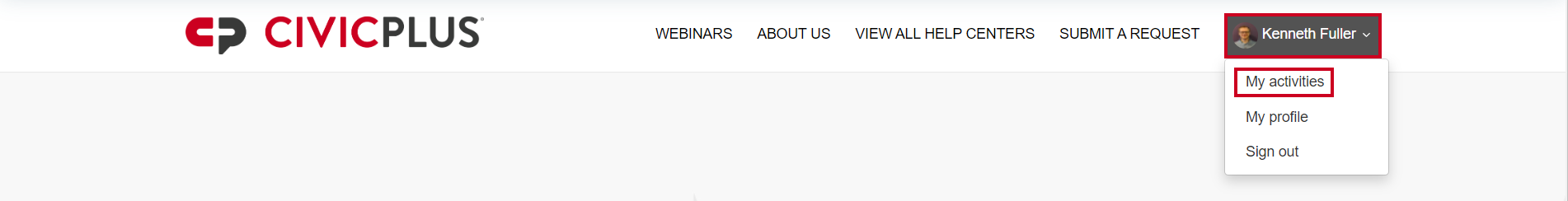 Help Center User Profile dropdown with the My activities option highlighted.