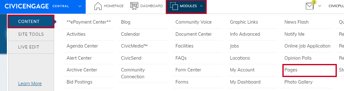 Civic Engage navigate to pages
