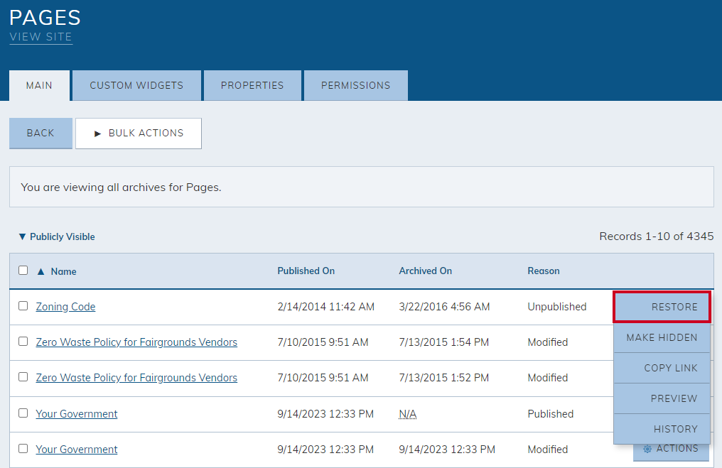 Civic Engage pages restore