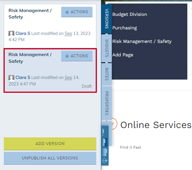 View New Version in Versions Menu.